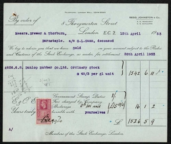 1953 London Stock Exchange - Dunlop Rubber Trade Ticket