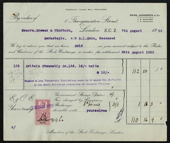 1952 London Stock Exchange - Britain Steamship Co Trade Ticket