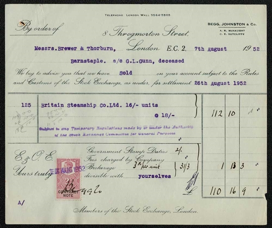 1952 London Stock Exchange - Britain Steamship Co Trade Ticket