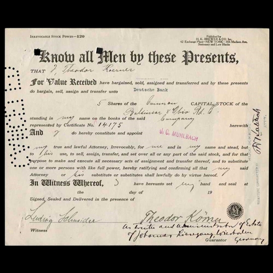 1938 Baltimore & Ohio Stock Transfer Ticket