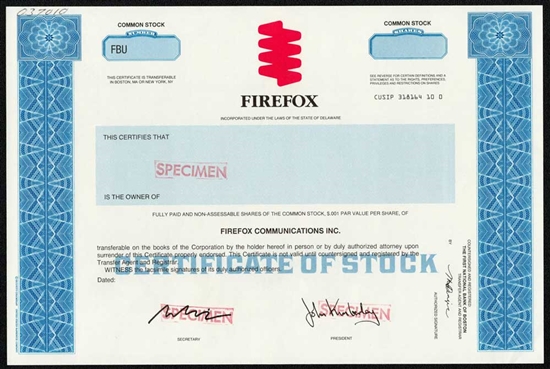 Firefox Communications Inc. Specimen Stock Certificate