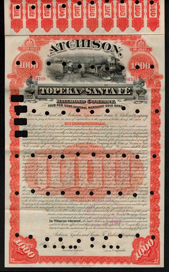 Atchison, Topeka and Santa Fe Railroad - 1889 Gold Bond