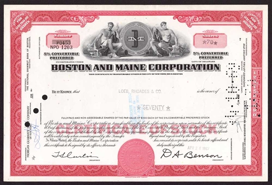 Boston and Maine Corp Stock Certificate - 1967