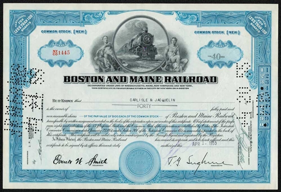 Boston and Maine Railroad Stock Certificate - Blue