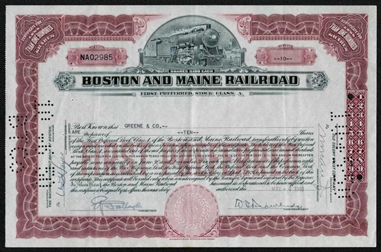 Boston and Maine Railroad Stock Certificate - Red