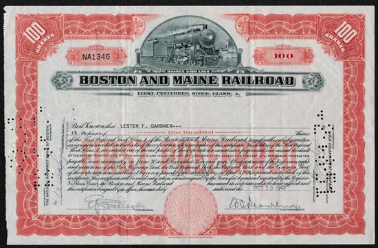 Boston and Maine Railroad Stock Certificate - Orange