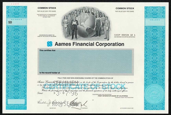 Aames Financial Corp Specimen Stock Certificate