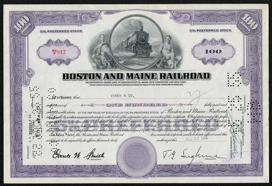 Boston and Maine Railroad Stock Certificate - Purple