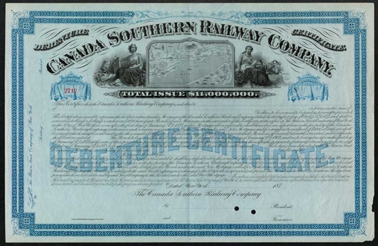 Canada Southern Railway Company Bond - 1877