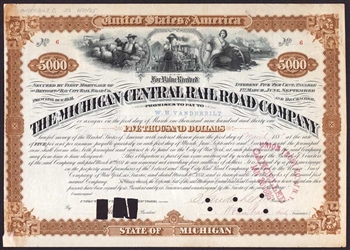 Michigan Central Railroad Issued to W.H. Vanderbilt - Signed by Cornelius Vanderbilt Jr.- 1881