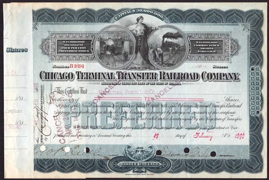 Chicago Terminal Transfer Railroad Company Stock Certificate - 1898
