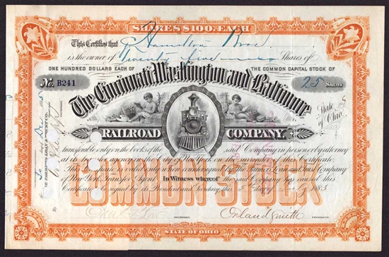 The Cincinnati, Washington and Baltimore Railroad Co. - Signed General Orland Smith