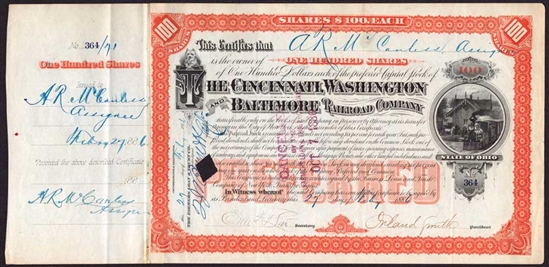 The Cincinnati, Washington and Baltimore Railroad Co. - Signed General Orland Smith