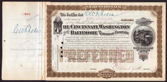 The Cincinnati, Washington and Baltimore Railroad Co. - Signed General Orland Smith