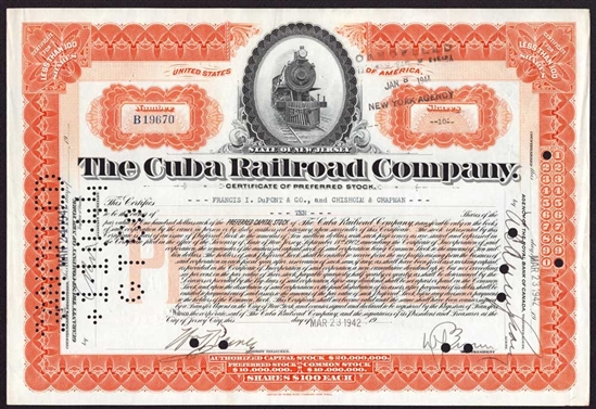 The Cuba Railroad Company Stock Certificate - 1942