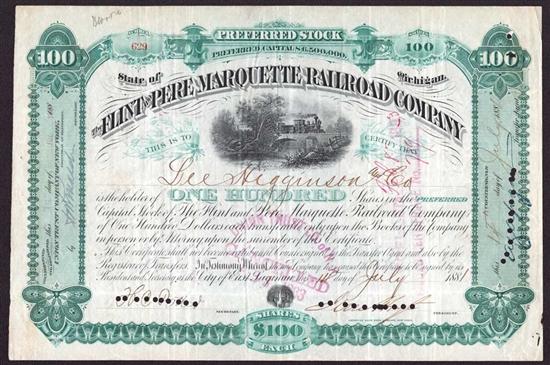 The Flint and Pere Marquette Railroad Company Stock Certificate -1881