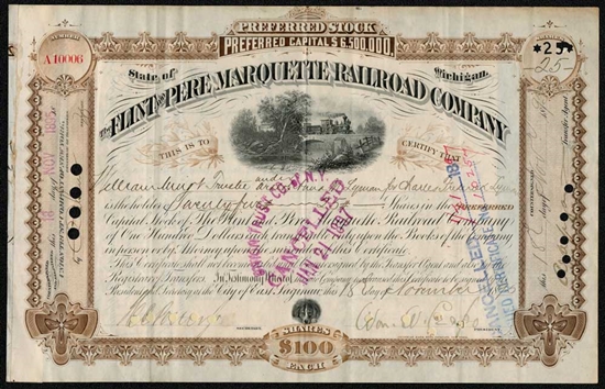 The Flint and Pere Marquette Railroad Company Stock Certificate