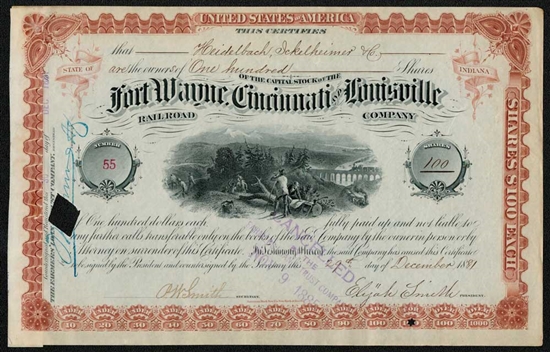 Fort Wayne, Cincinnati and Louisville Railroad Co. - Signed by Elijah Smith
