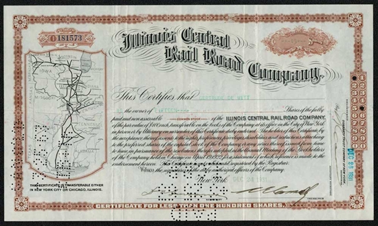 Illinois Central Railroad Company Stock Certificate - 1930s