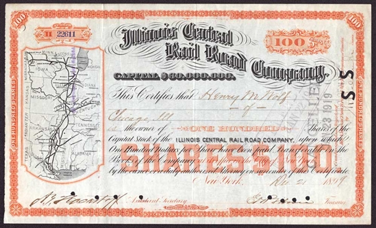 Illinois Central Railroad Company Stock Certificate - 1899