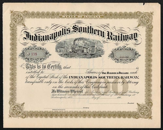 Indianapolis Southern Railway Stock Certificate