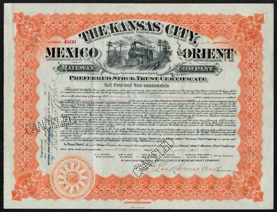The Kansas City, Mexico & Orient Railway Co - Issued to & signed by A.E. Stilwell