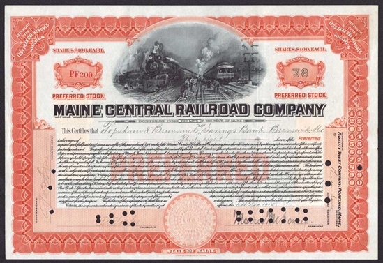 Maine Central Railroad Stock Certificate - 1915