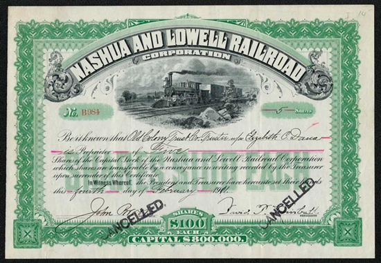 Nashua and Lowell Railroad Stock Certificate - 1901