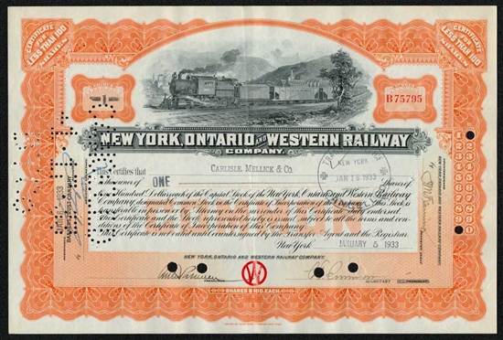 New York, Ontario and Western Railway Stock Certificate- 1930s