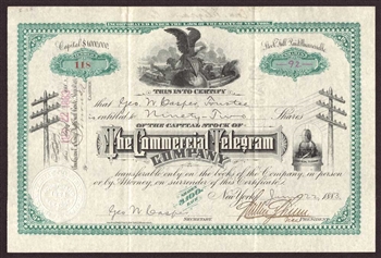 1883 Commercial Telegram Company Stock Certificate | Rare