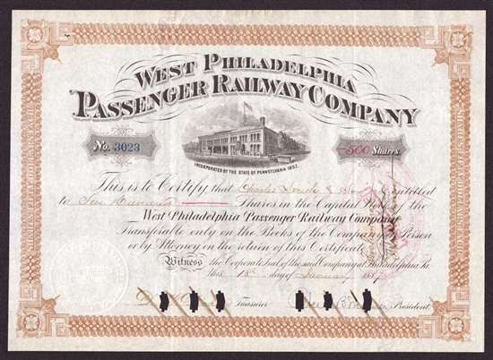 West Philadelphia Passenger Railway | Signed by  P.A.B. Widener  | 1887