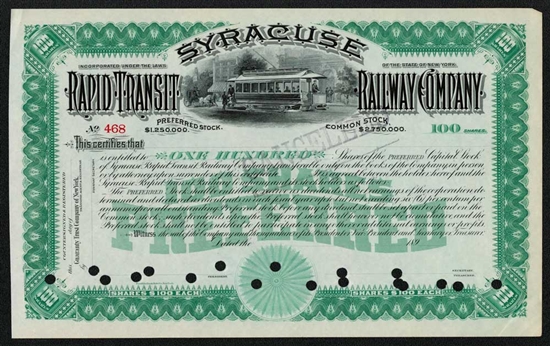 Syracuse Rapid Transit Railway Co - 1890s - 100 Shares Preferred