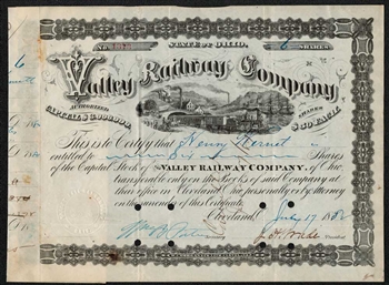 Valley Railway Company - 1882 - Signed by J.H. Wade