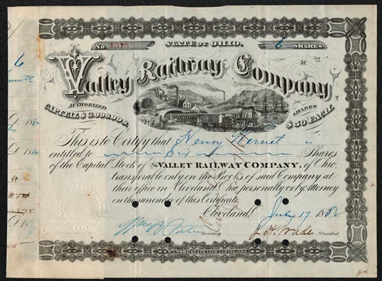 Valley Railway Company - 1882 - Signed by J.H. Wade