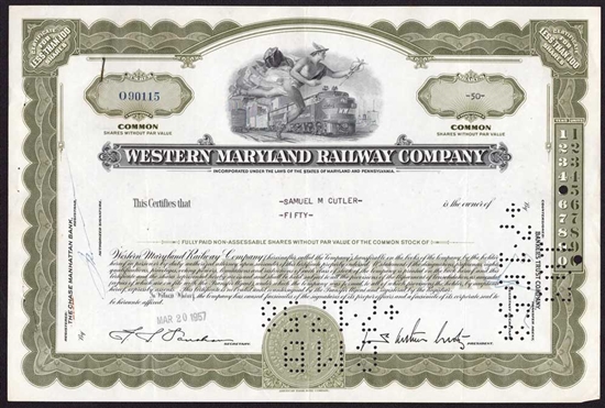 Western Maryland Railway Company Stock Certificate