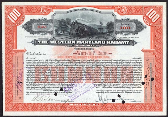 Western Maryland Railway Stock Certificate - 1912