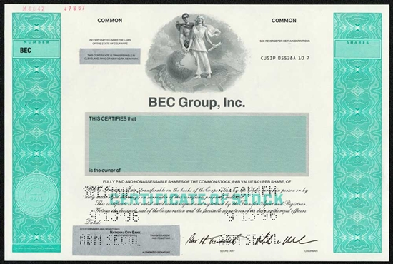 BEC Group Specimen Stock Certificate