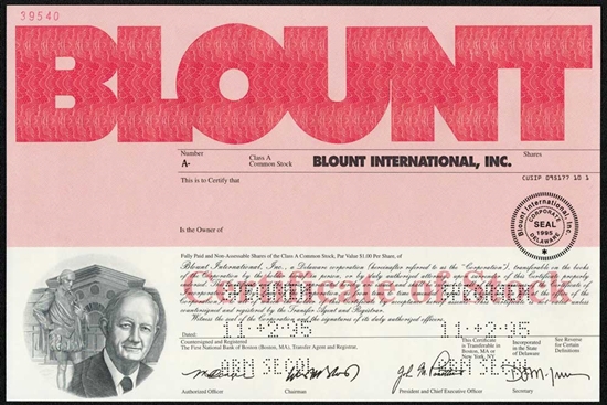 Blount International Specimen Stock Certificate