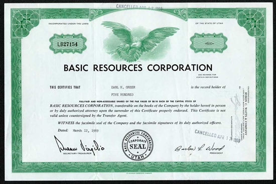 Basic Resources Corporation Stock Certificate - 1960s