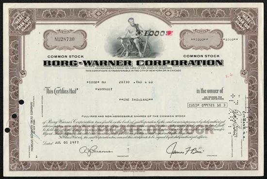 The Borg-Warner Corporation Stock Certificate - Indy 500 Trophy