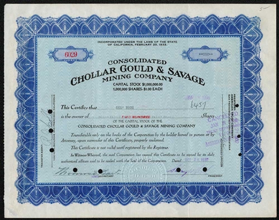 Consolidated Chollar Gould & Savage Mining Co - 1930s