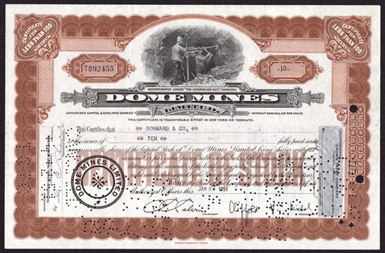 Dome Mines Limited Stock Certificate | Canadian Gold Mining | 1951