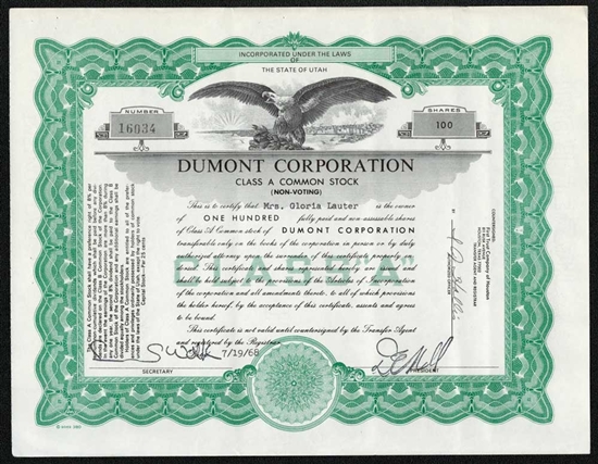 Dumont Corp Stock Certificate - Utah 1968