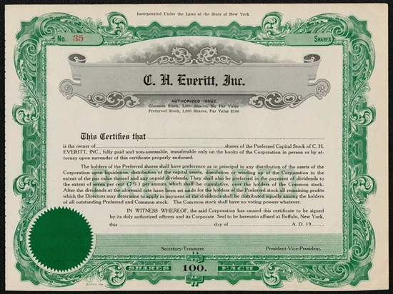 C.H. Everitt, Inc. Stock Certificate