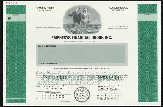 Emphesys Financial Group Specimen Stock Certificate