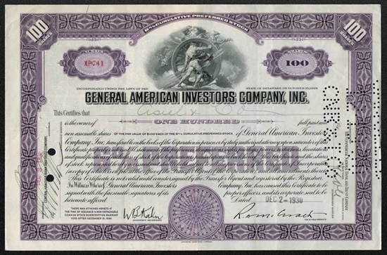 General American Investors Company, Inc. Stock Certificate