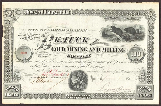 The Beauce Gold Mining and Milling Company - 1881 - Issued to and signed by VP