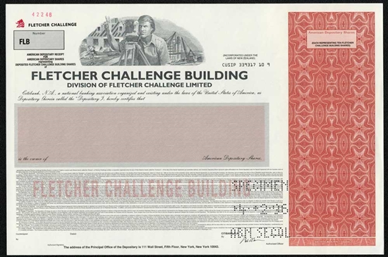 Fletcher Challenge Building Specimen Stock Certificate