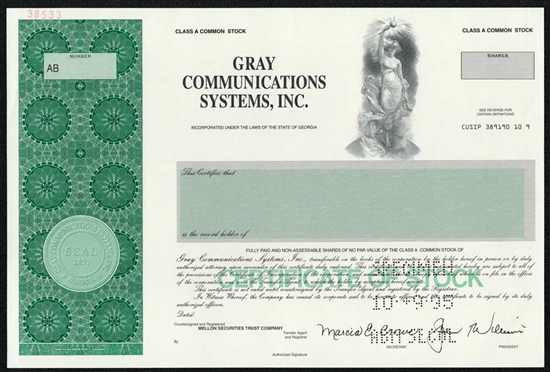Gray Communcations Systems Specimen Stock Certificate