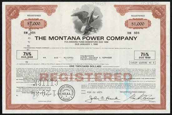 The Montana Power Company Bond - Brown